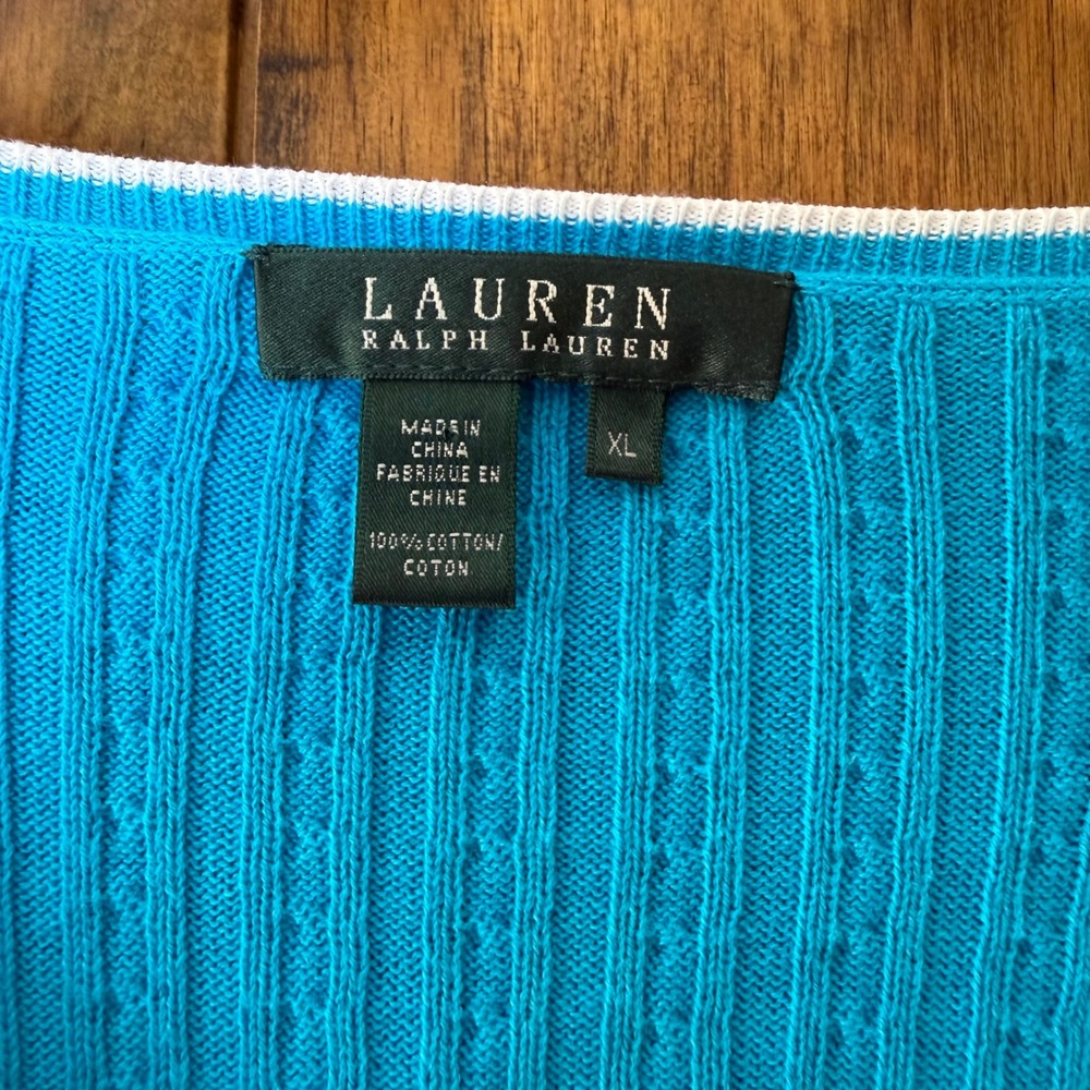Lauren Ralph Lauren Blue Cable Knit V-Neck Sweater XL Preppy Coastal Grandmother - Picture 5 of 8